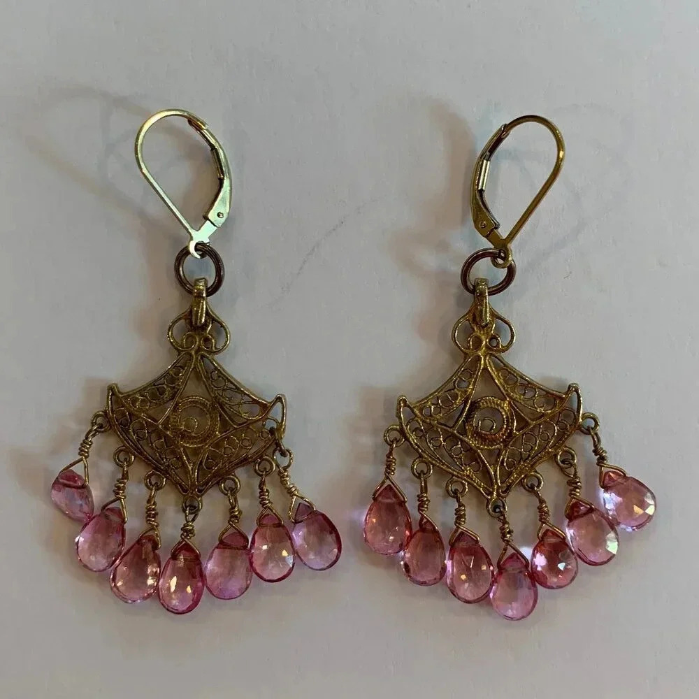 Handmade Pink Tourmaline Gold Vermeil Fan-Shaped Drop Earrings Bespoke Jewelry - Picture 5 of 5